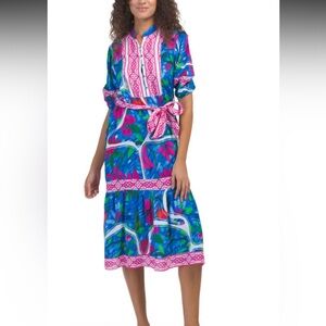 CELINA MOON Vibrant Floral Midi A Line Dress Size Large Boho Tropical Whimsy